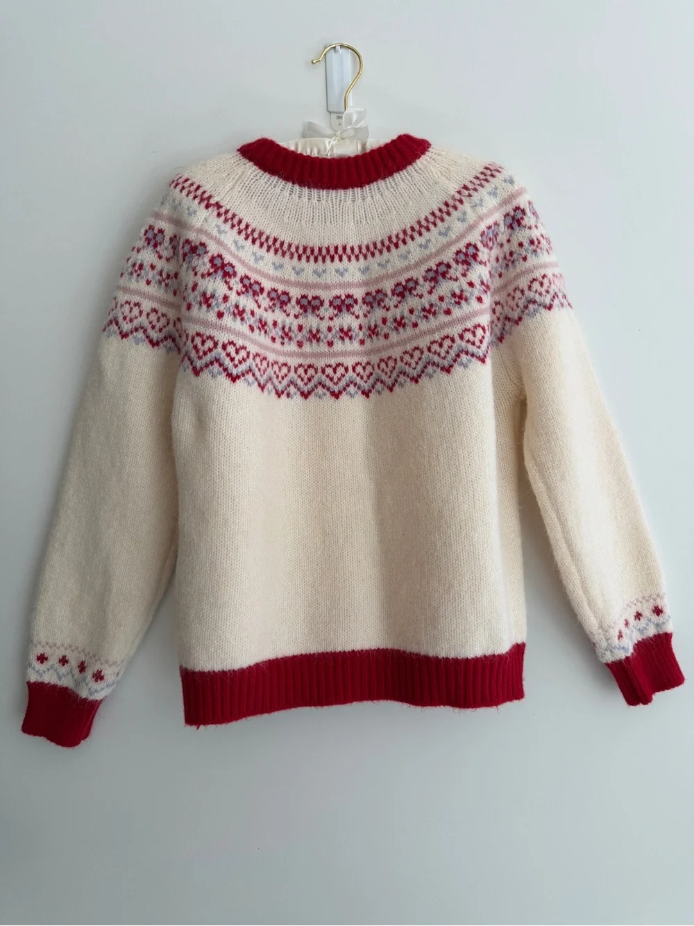 FAIR ISLE  Hearts Bows Cardigan Sweater Fuzzy Soft Cozy Pockets Nordic Soft Girl - Picture 3 of 17